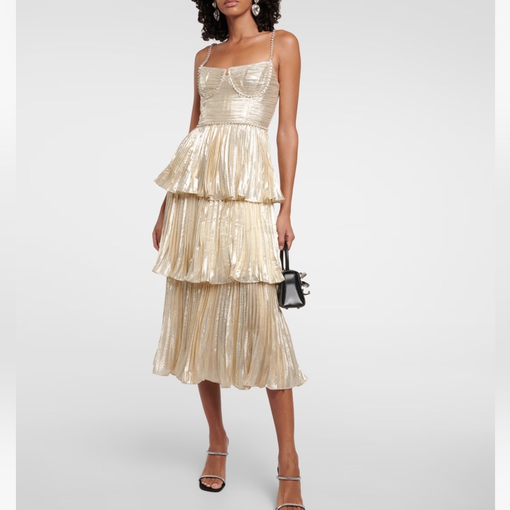 Self-Portrait Metallic Gold Tiered Midi Dress